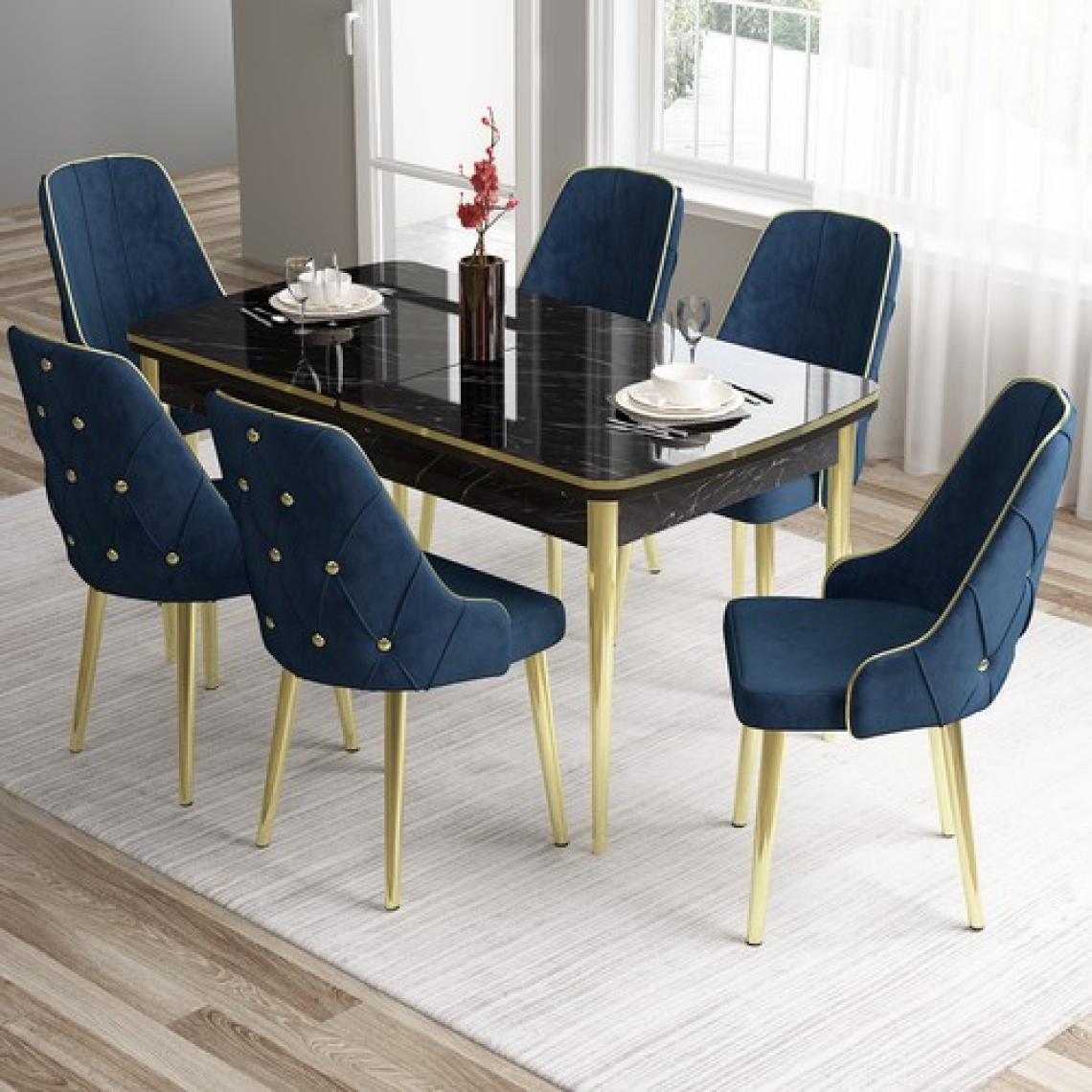Canisa Concept Tia Serisi, Siyah Mermer Desen 80X132 Açılabilir Mdf Yemek Odası Takımı 6 Sandalye Gold Detay