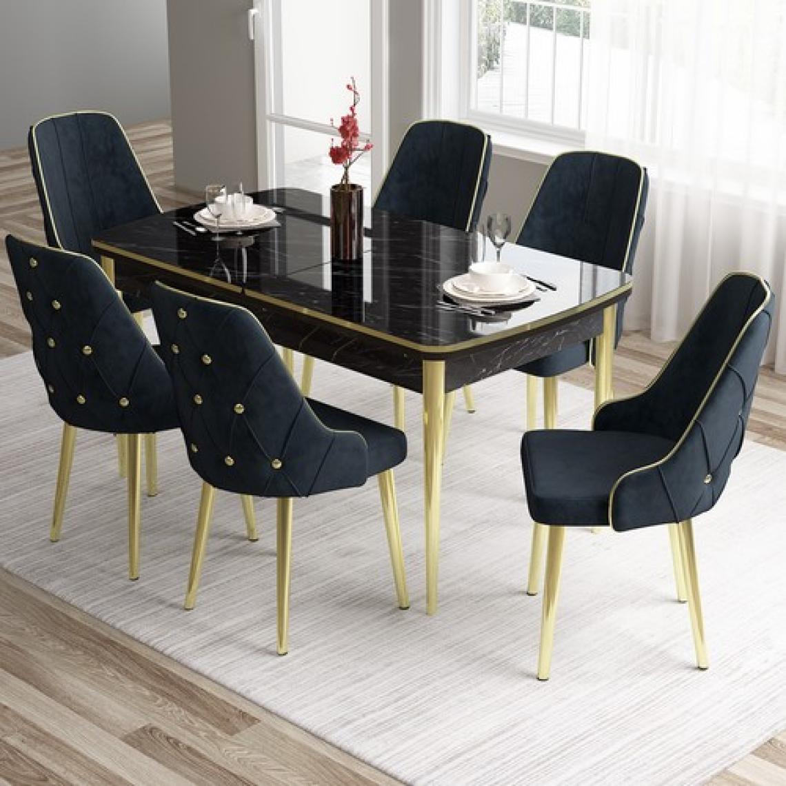 Canisa Concept Tia Serisi, Siyah Mermer Desen 80X132 Açılabilir Mdf Yemek Odası Takımı 6 Sandalye Gold Detay