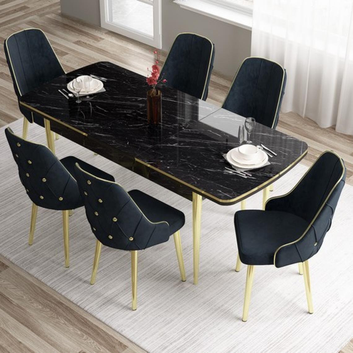 Canisa Concept Tia Serisi, Siyah Mermer Desen 80X132 Açılabilir Mdf Yemek Odası Takımı 6 Sandalye Gold Detay