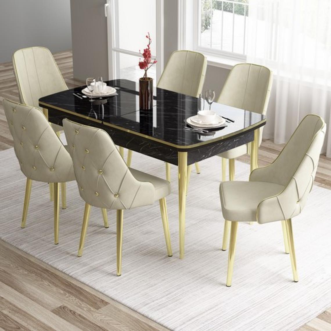 Canisa Concept Tia Serisi, Siyah Mermer Desen 80X132 Açılabilir Mdf Yemek Odası Takımı 6 Sandalye Gold Detay