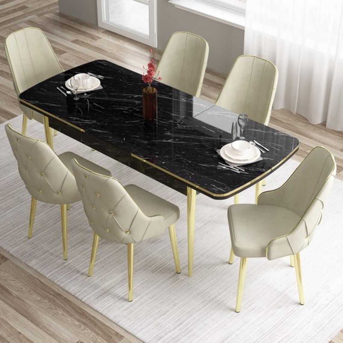 Canisa Concept Tia Serisi, Siyah Mermer Desen 80X132 Açılabilir Mdf Yemek Odası Takımı 6 Sandalye Gold Detay