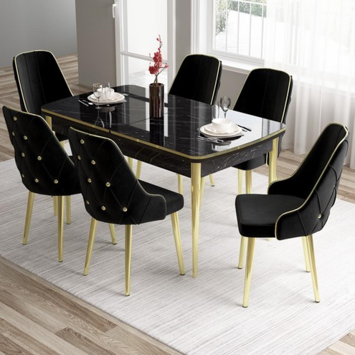 Canisa Concept Tia Serisi, Siyah Mermer Desen 80X132 Açılabilir Mdf Yemek Odası Takımı 6 Sandalye Gold Detay
