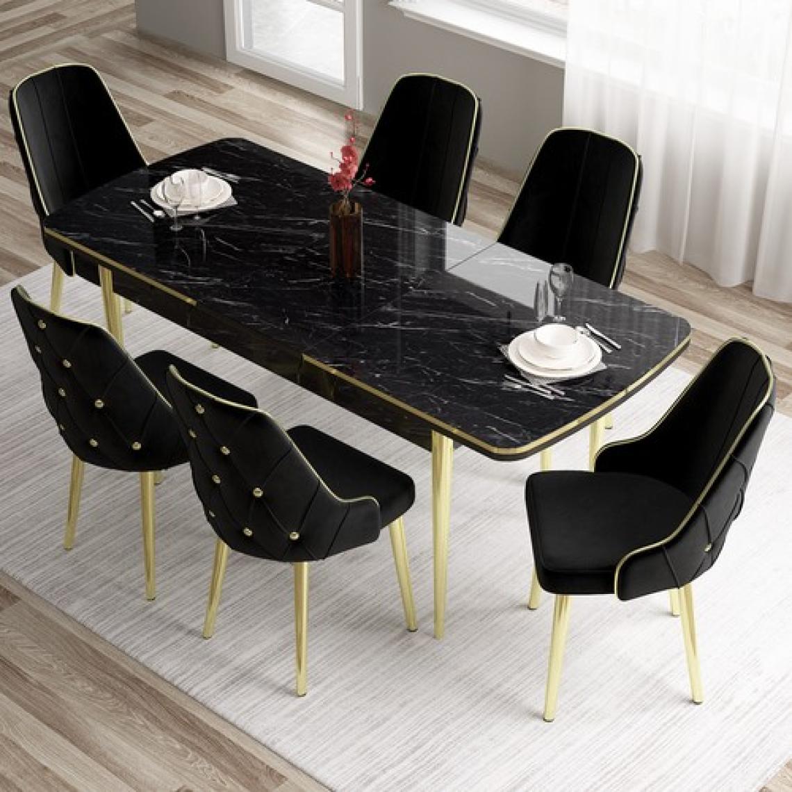 Canisa Concept Tia Serisi, Siyah Mermer Desen 80X132 Açılabilir Mdf Yemek Odası Takımı 6 Sandalye Gold Detay