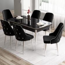Canisa Concept Tia Serisi, Siyah Mermer Desen 80X132 Açılabilir Mdf Yemek Odası Takımı 6 Sandalye Gümüş Detay