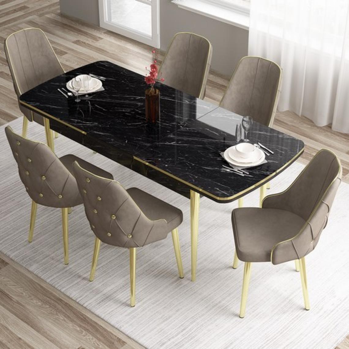 Canisa Concept Tia Serisi, Siyah Mermer Desen 80X132 Açılabilir Mdf Yemek Odası Takımı 6 Sandalye Gold Detay