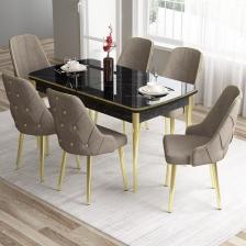 Canisa Concept Tia Serisi, Siyah Mermer Desen 80X132 Açılabilir Mdf Yemek Odası Takımı 6 Sandalye Gold Detay