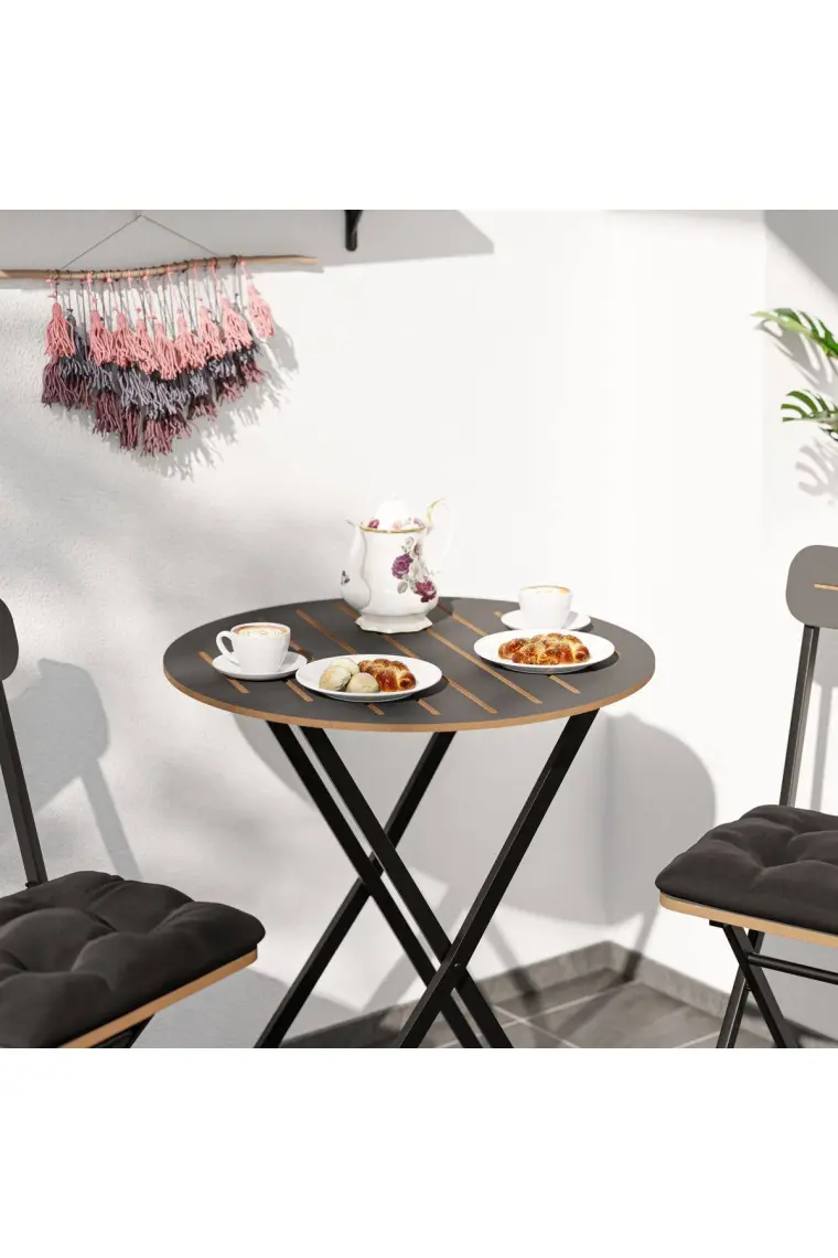 Eportatif Minderli Bistro Takım Bahçe Masa Sandalye Yuvarlak Füme  1486