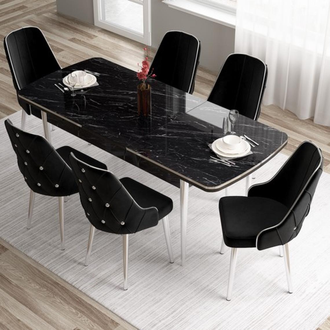 Canisa Concept Tia Serisi, Siyah Mermer Desen 80X132 Açılabilir Mdf Yemek Odası Takımı 6 Sandalye Gümüş Detay