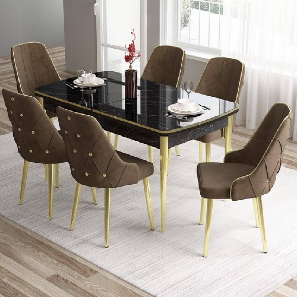 Canisa Concept Tia Serisi, Siyah Mermer Desen 80X132 Açılabilir Mdf Yemek Odası Takımı 6 Sandalye Gold Detay