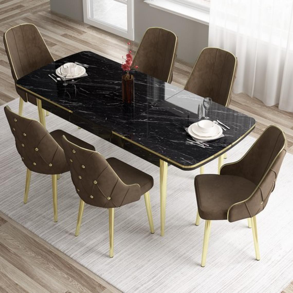 Canisa Concept Tia Serisi, Siyah Mermer Desen 80X132 Açılabilir Mdf Yemek Odası Takımı 6 Sandalye Gold Detay