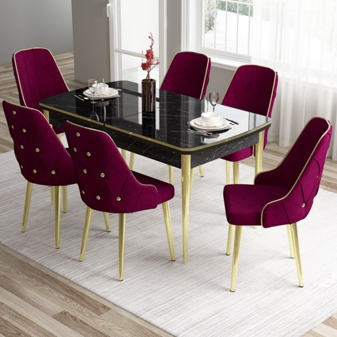 Canisa Concept Tia Serisi, Siyah Mermer Desen 80X132 Açılabilir Mdf Yemek Odası Takımı 6 Sandalye Gold Detay