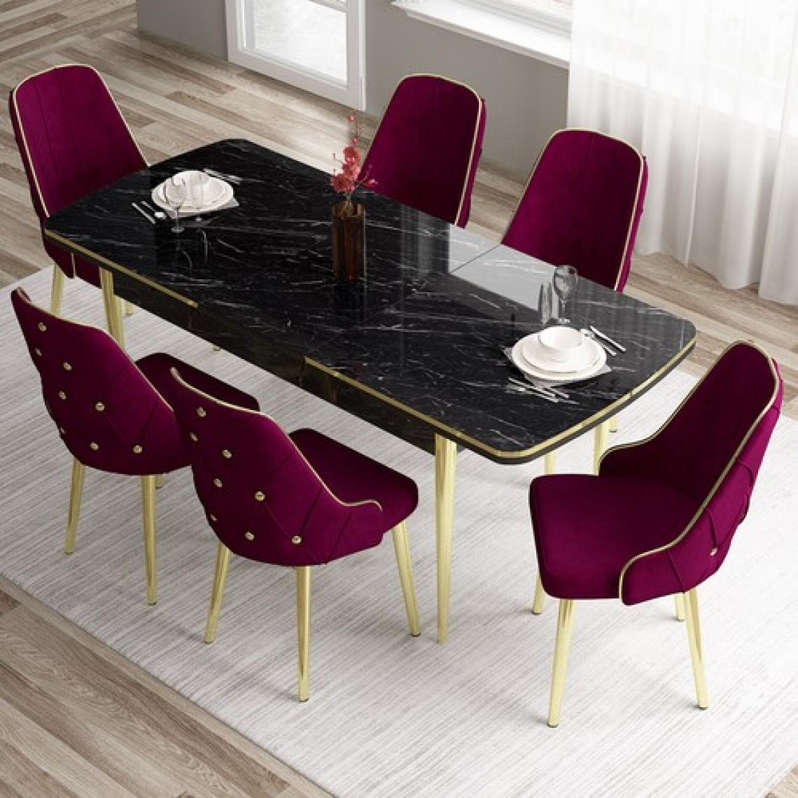 Canisa Concept Tia Serisi, Siyah Mermer Desen 80X132 Açılabilir Mdf Yemek Odası Takımı 6 Sandalye Gold Detay