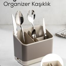 Tezgah Üstü Kaşık Düzenleyici 5 Bölmeli Organizer Kaşıklık Bej