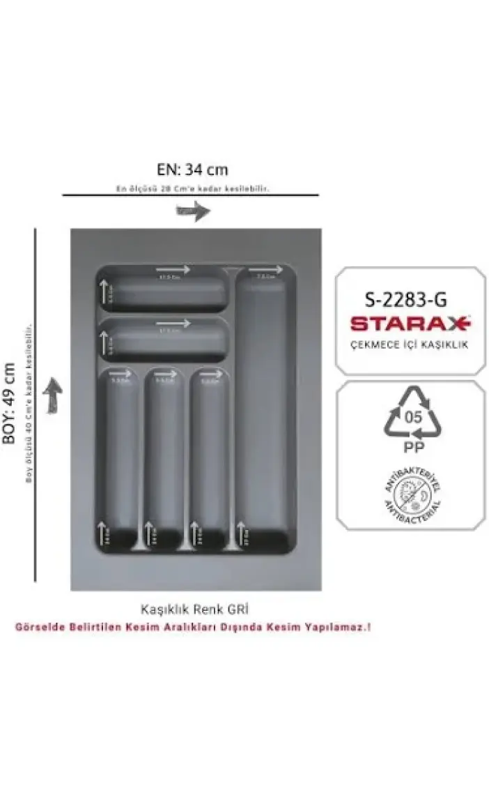 Starax S-2283-g Çekmece İçi Plastik Kaşıklık Gri En:34-28 D:49-40 cm. Arası Kesilir 6 Göz