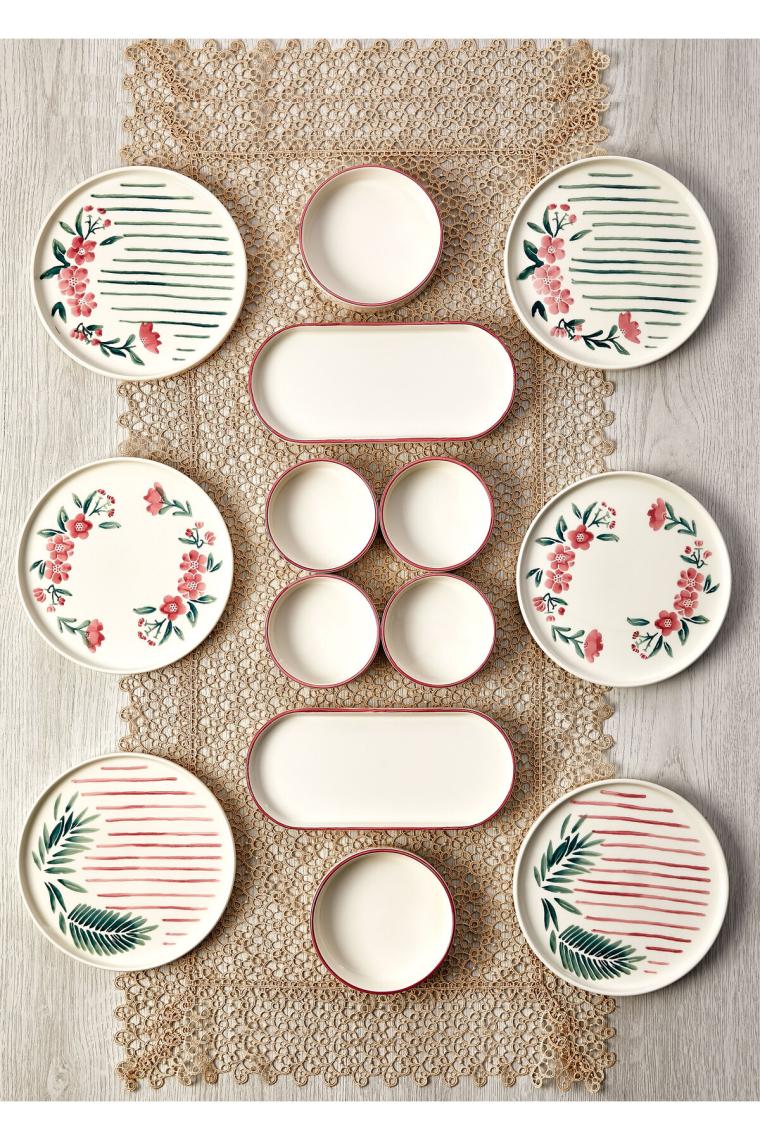 Kitchen Life 14 Parça 6 Kişilik Sakura Stackable Kahvaltı Takımı - Lüx Kahvaltılık Sunum Seti Tabağı
