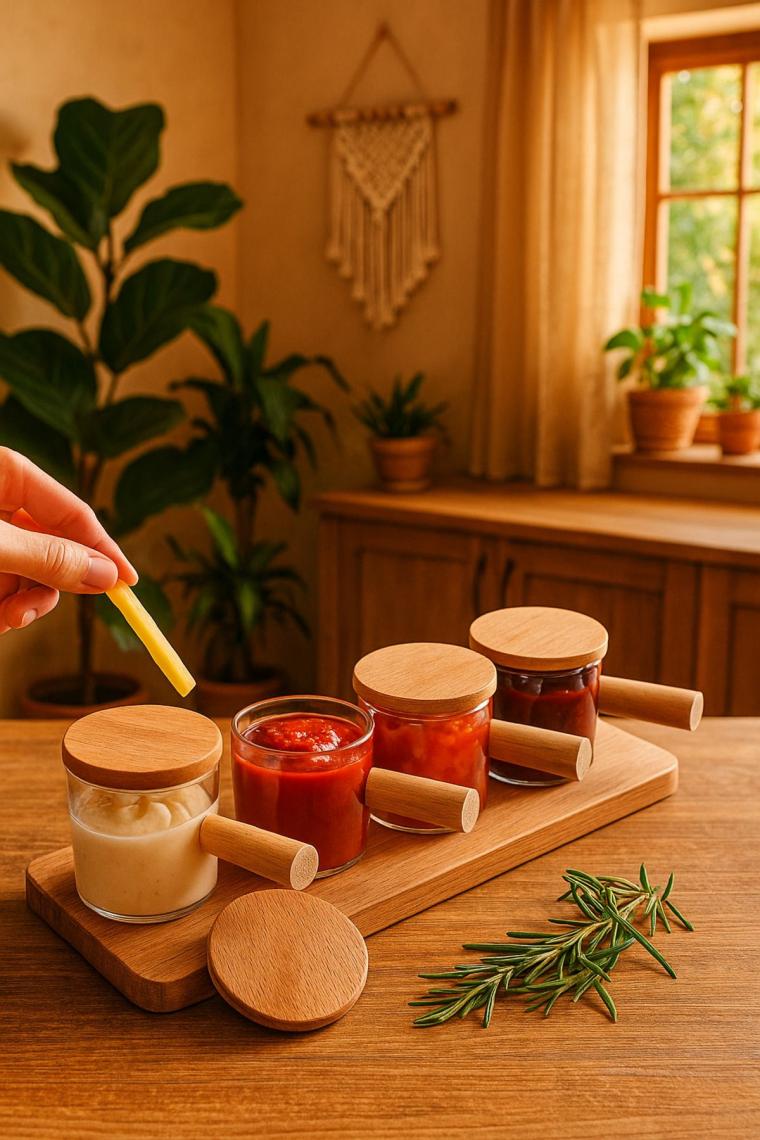 Kitchen Life 4 Adet Ahşap Kapaklı Standlı Reçellik Sosluk Sofra Sunum Kahvaltı Seti 80 ml