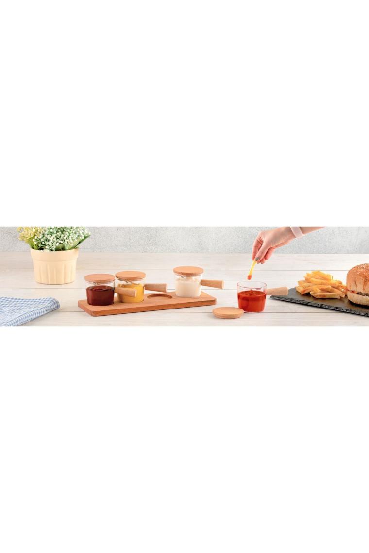 Kitchen Life 4 Adet Ahşap Kapaklı Standlı Reçellik Sosluk Sofra Sunum Kahvaltı Seti 80 ml