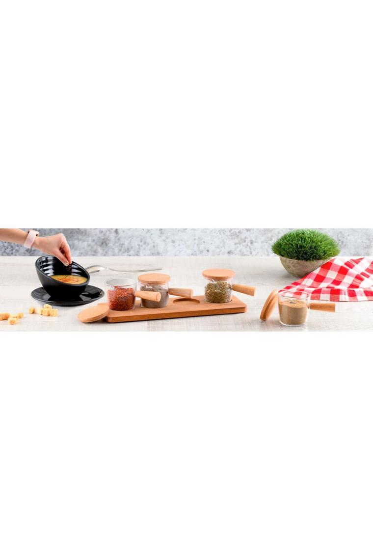 Kitchen Life 4 Adet Ahşap Kapaklı Standlı Reçellik Sosluk Sofra Sunum Kahvaltı Seti 80 ml