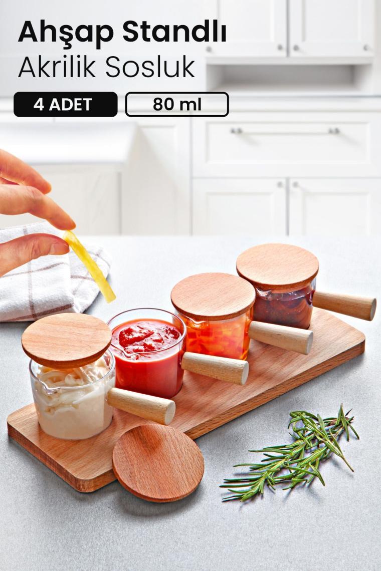 Kitchen Life 4 Adet Ahşap Kapaklı Standlı Reçellik Sosluk Sofra Sunum Kahvaltı Seti 80 ml