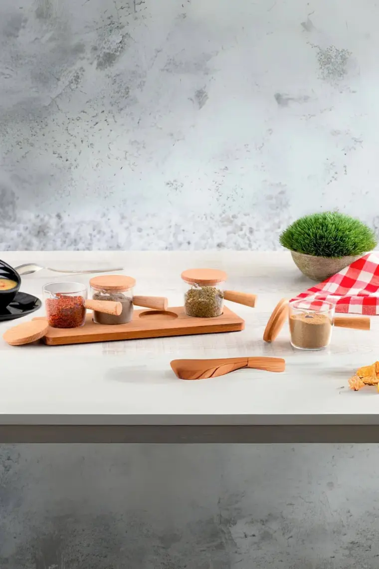 Mithra Life 4 Adet Ahşap Saplı Standlı Mika Şeffaf Sunumluk Sosluk Reçellik Çerezlik MIT1152