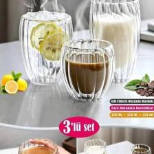 Tilbe Home 3'lü Çift Cidarlı Burgulu Kristal Cam Bardağı Çay Süt Kahve Kupası Sıcak & Soğuk Retro Bardak Seti