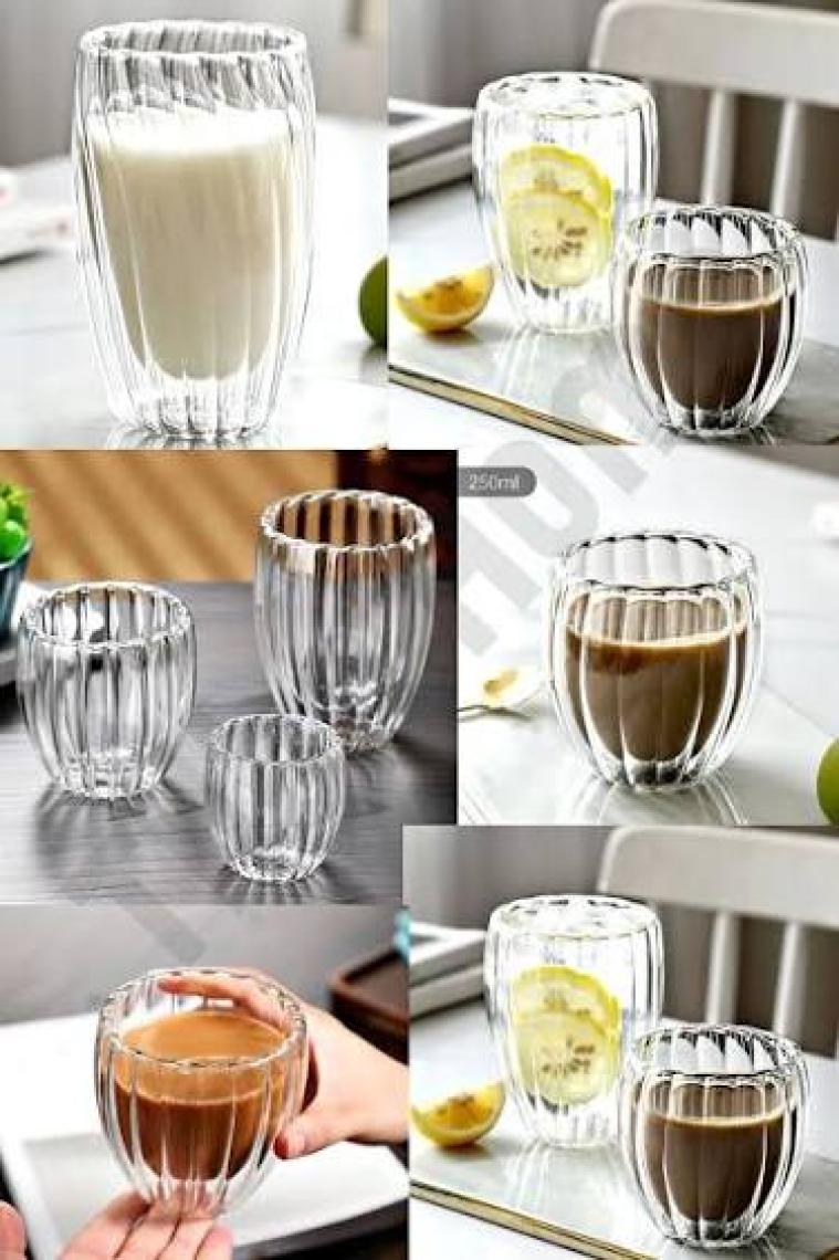 Tilbe Home 3'lü Çift Cidarlı Burgulu Kristal Cam Bardağı Çay Süt Kahve Kupası Sıcak & Soğuk Retro Bardak Seti