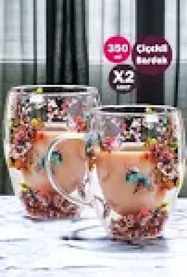 2'li Çift Cidarlı Flower Cup 350ML Çiçekli Bardak Kahve Çay Bardağı El Yapımı Kulplu Cam Bardak Set