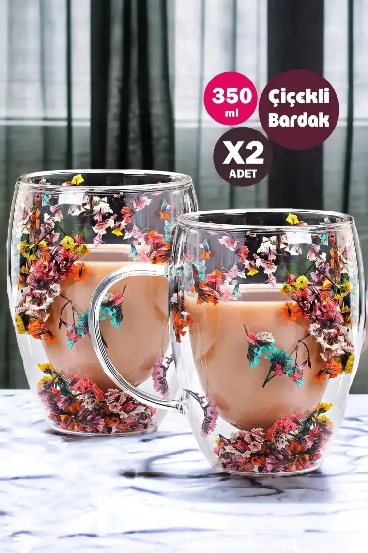 2'li Çift Cidarlı Flower Cup 350ML Çiçekli Bardak Kahve Çay Bardağı El Yapımı Kulplu Cam Bardak Set