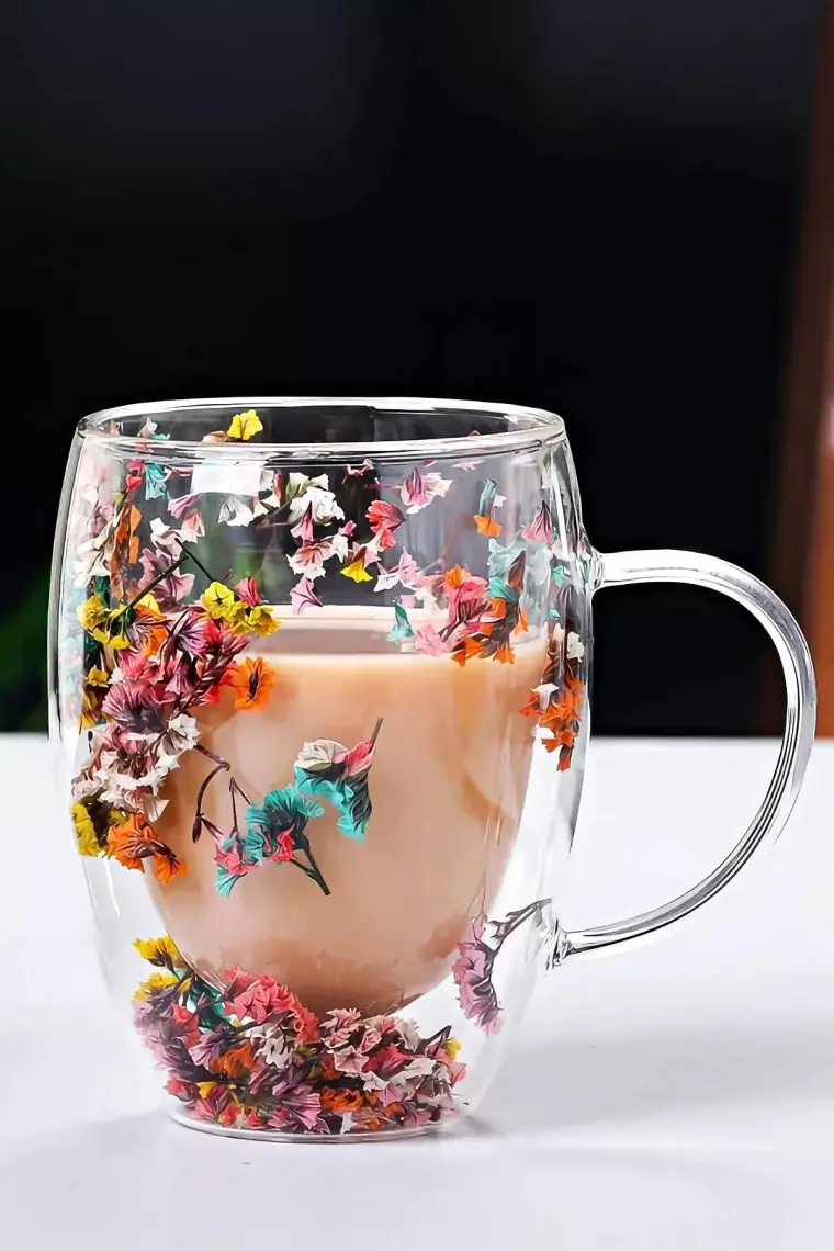 2'li Çift Cidarlı Flower Cup 350ML Çiçekli Bardak Kahve Çay Bardağı El Yapımı Kulplu Cam Bardak Set