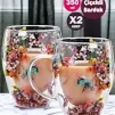 2'li Çift Cidarlı Flower Cup 350ML Çiçekli Bardak Kahve Çay Bardağı El Yapımı Kulplu Cam Bardak Set