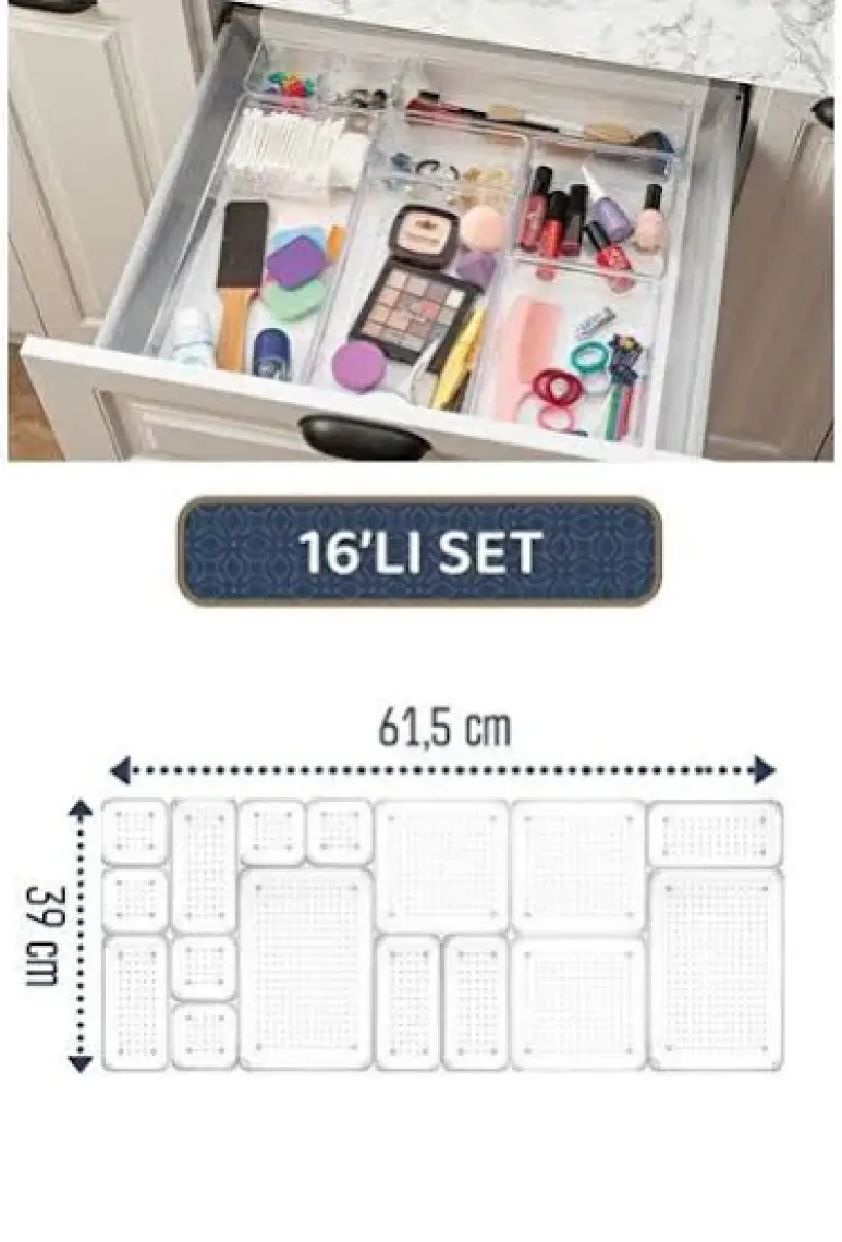 16'lı Mega Modüler Set Çekmece İçi Düzenleyici - Makyaj Takı Organizer - Banyo Mutfak Düzenleyici