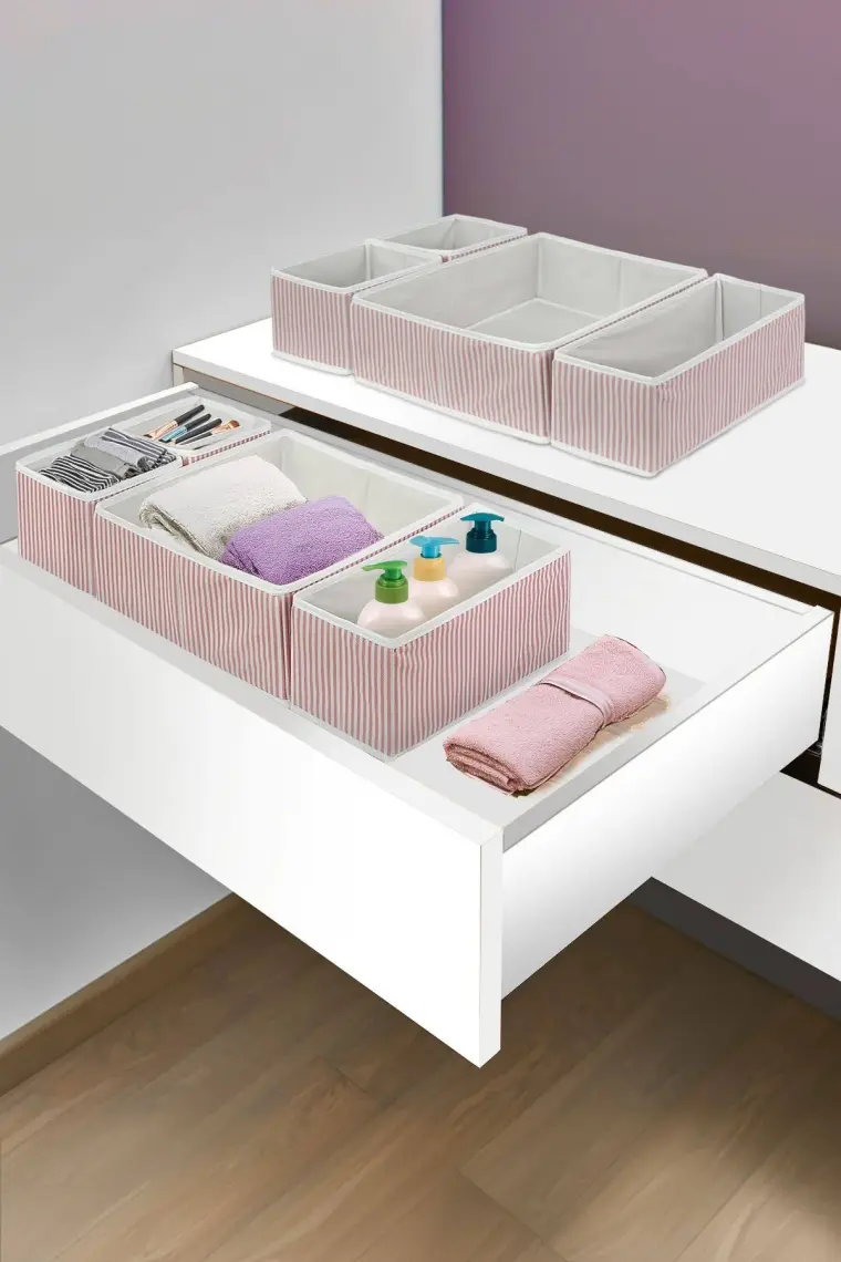 Prendi Home 4'lü Pudra Çizgili Dolap,çekmece Içi Organizer Düzenleyici Seti 28 x 28 x 13-28 x 13 x 13-13 x 13 x 13
