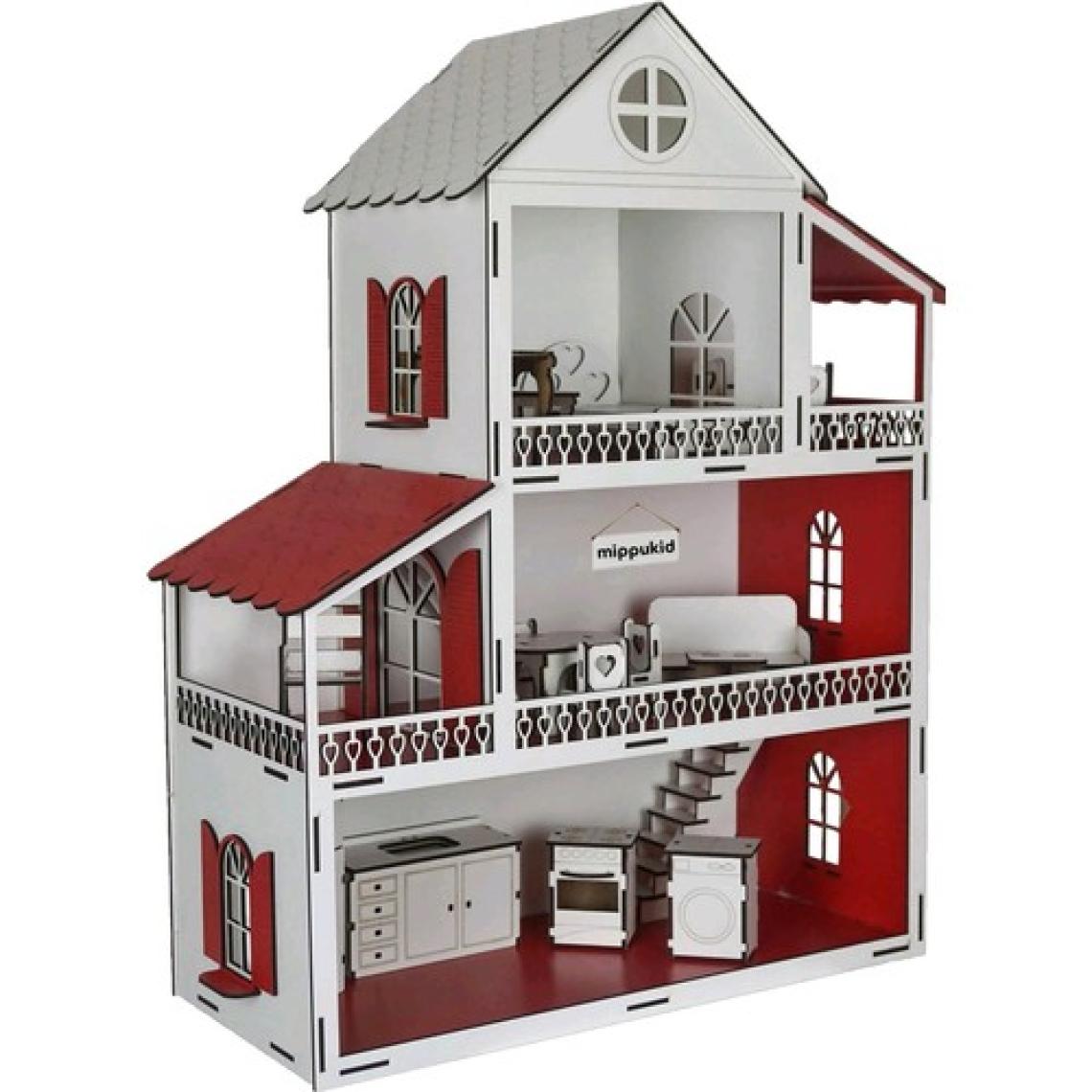 Mippukid Ahşap Oyun Evi Üç Katlı Ahşap Mobilyalı Kırmızı