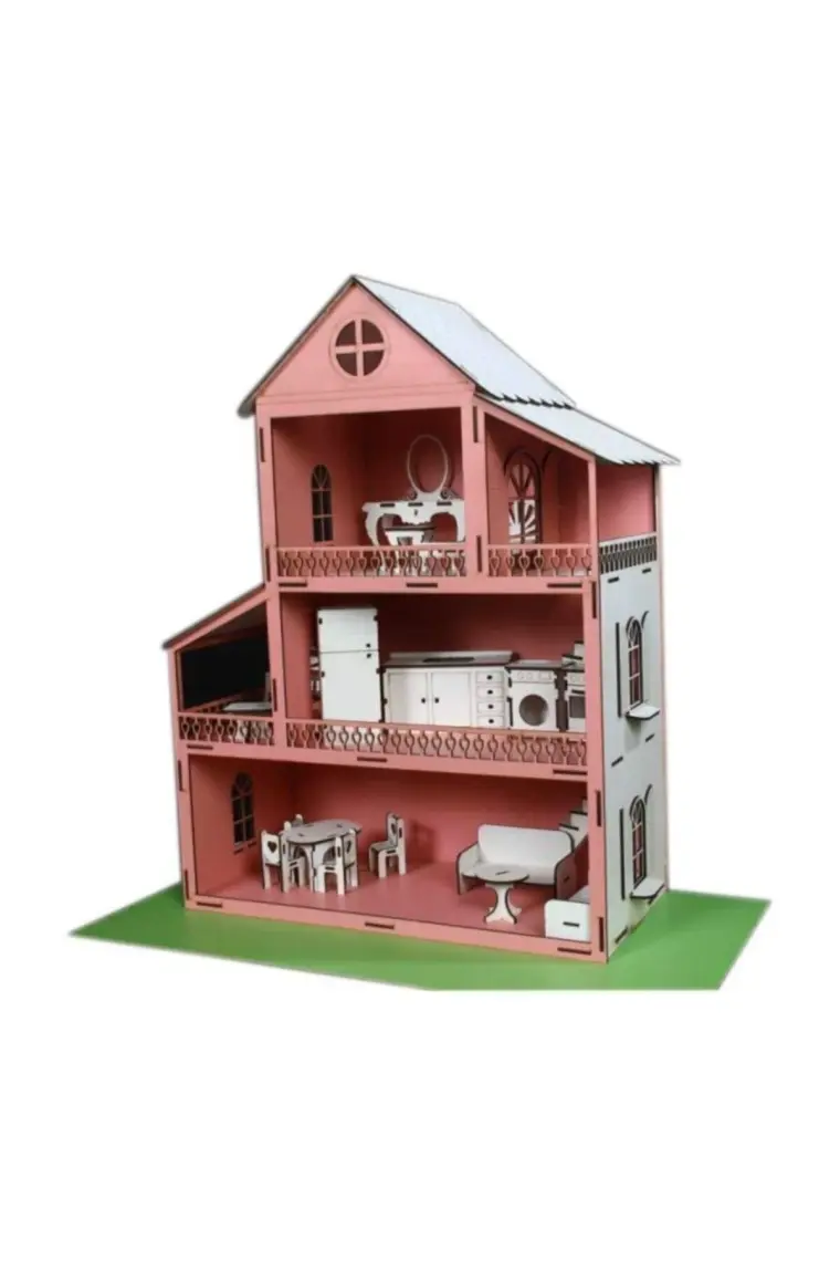 Koza Sanat Ahşap Oyun Barbi Evi 18 Parça Mobilyalı