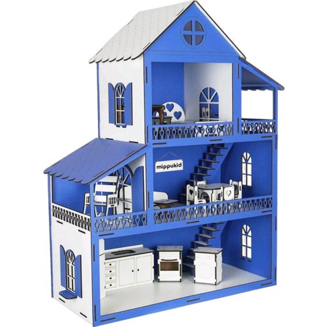 Mippukid Ahşap Oyun Evi Üç Katlı Ahşap Mobilyalı Mavi