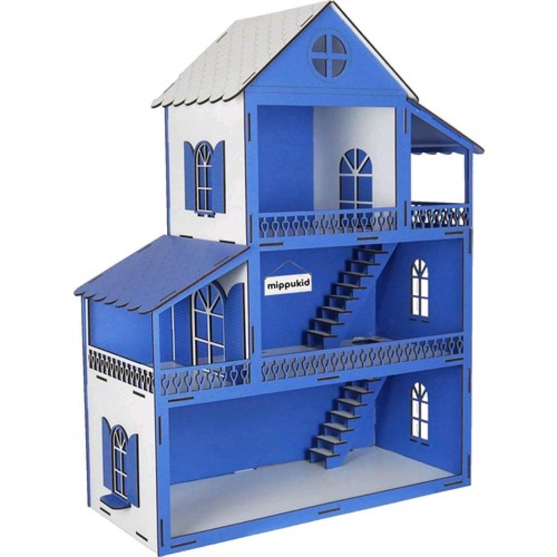 Mippukid Ahşap Oyun Evi Üç Katlı Ahşap Mobilyalı Mavi