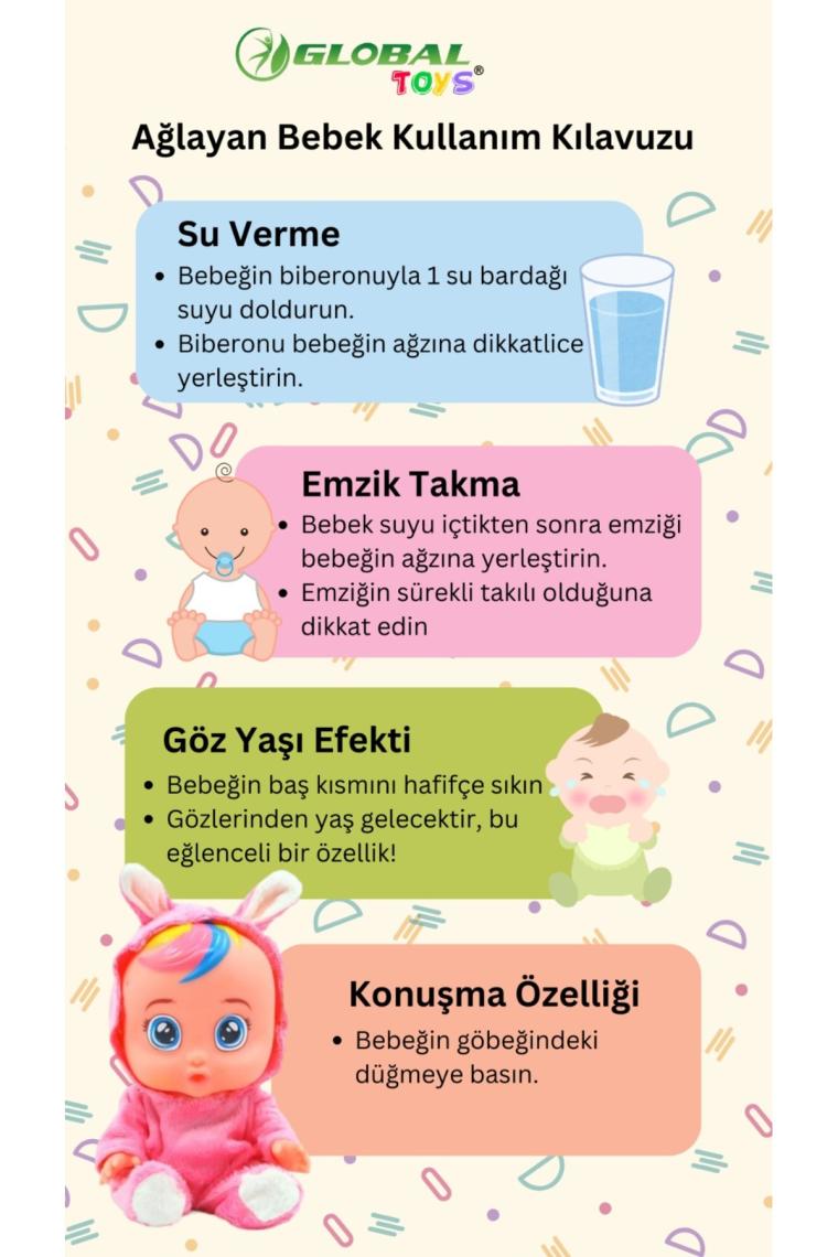 Global Toys Beyaz ve Pembe Renk Ağlayan ve Konuşan Et Bebek
