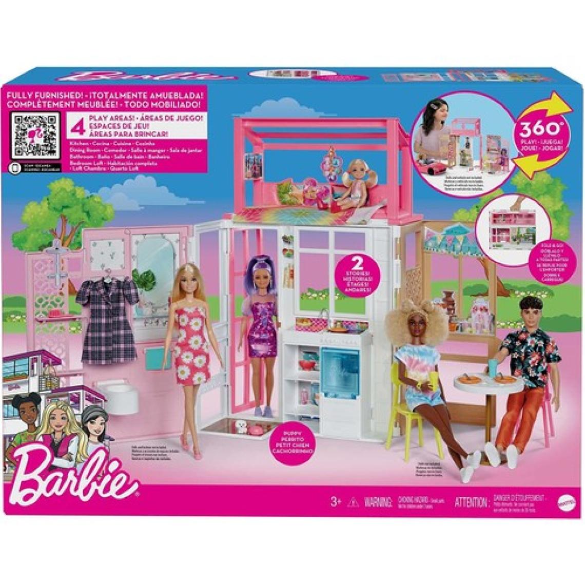 Barbie'nin Taşınabilir Portatif Evi, 2 kat ve 4 oyun alanı, yavru köpek ve aksesuarlar dahil mobilyalı ev, 3 yaş ve üzeri HCD47