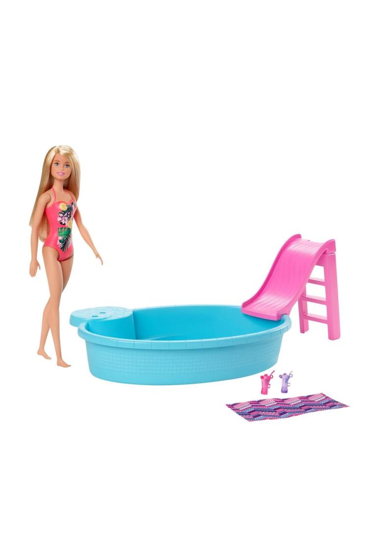 Barbie ve Eğlenceli Havuzu, 30 cm Boyunda, Sarışın Barbie Bebek ile Kaydıraklı Havuz Oyun Seti ve Aksesuarları GHL91