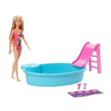Barbie ve Eğlenceli Havuzu, 30 cm Boyunda, Sarışın Barbie Bebek ile Kaydıraklı Havuz Oyun Seti ve Aksesuarları GHL91
