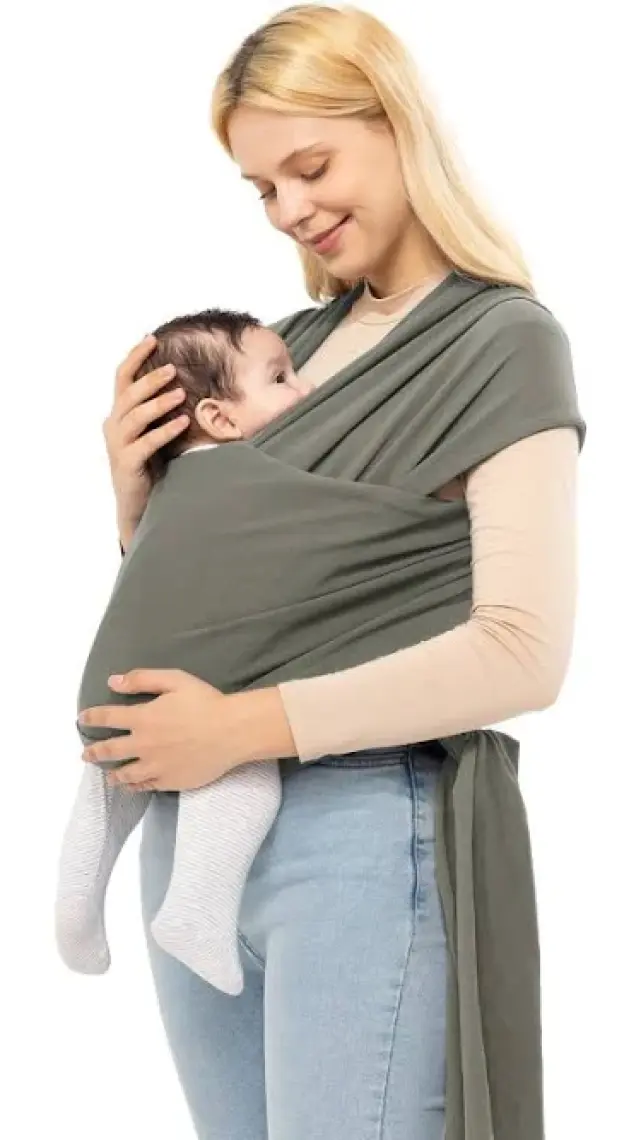 Noone Natural Gri Wrap Sling - Pamuklu Esnek Bebek Taşıma Şalı - Yenidoğan Bebeklerin Ihtiyacı Olan Ten Teması ve M Pozisyonu