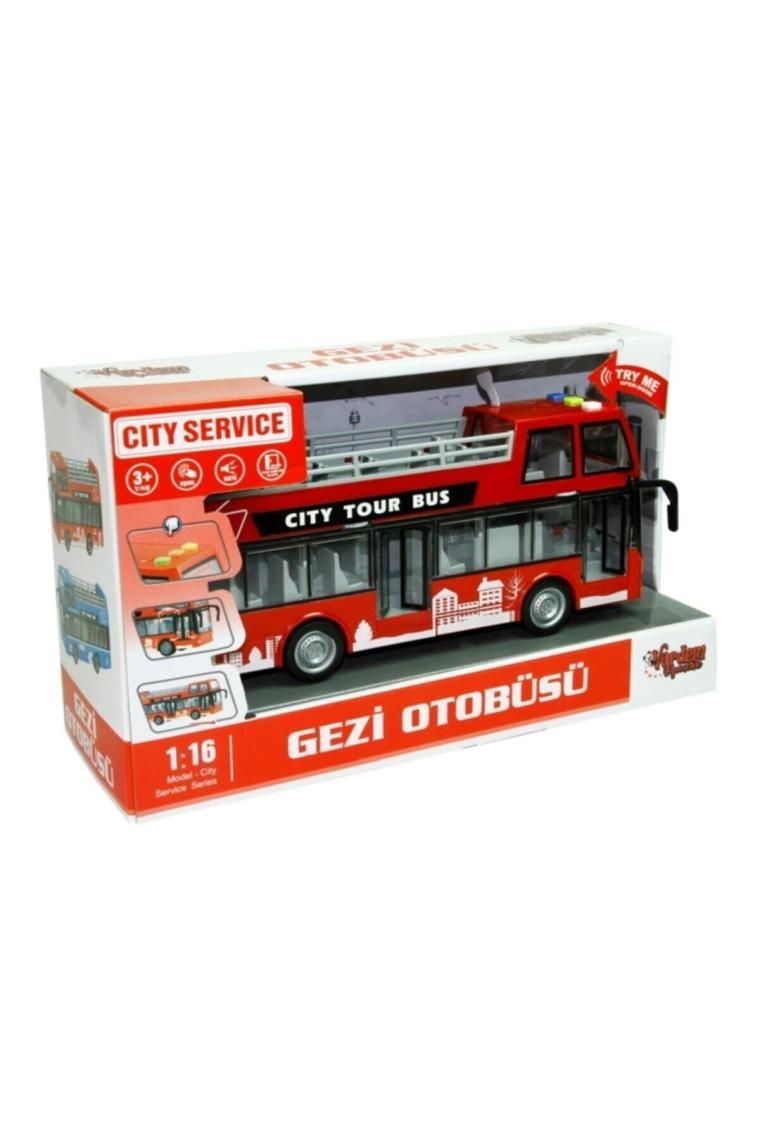 City Service Gezi Otobüsü 1:16 Sürtmeli Sesli Işıklı 27 Cm Kırmızı