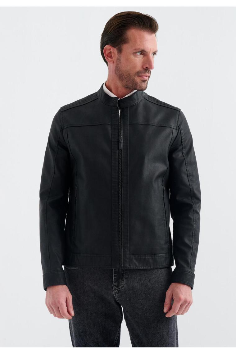 Pierre Cardin CEDRIC BIKER TARZI DERİ DOKUMA , REGULAR FİT, ERKEK SUNİ DERİ MONT