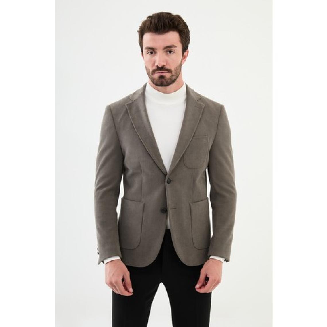 MCR Çizgili Vizon Rengi Slim Fit Torba Cep Mono Yaka Kadife Erkek Ceket