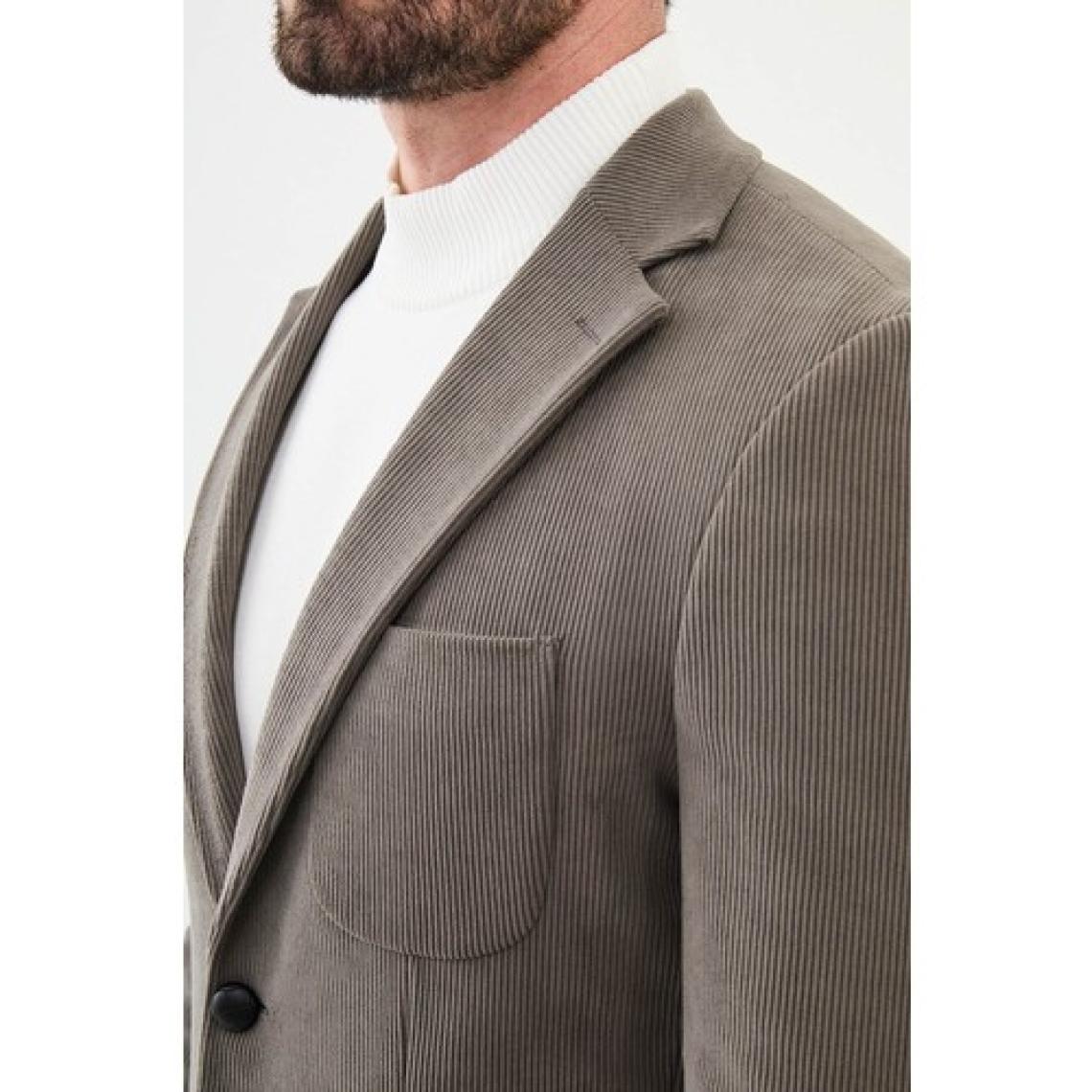 MCR Çizgili Vizon Rengi Slim Fit Torba Cep Mono Yaka Kadife Erkek Ceket