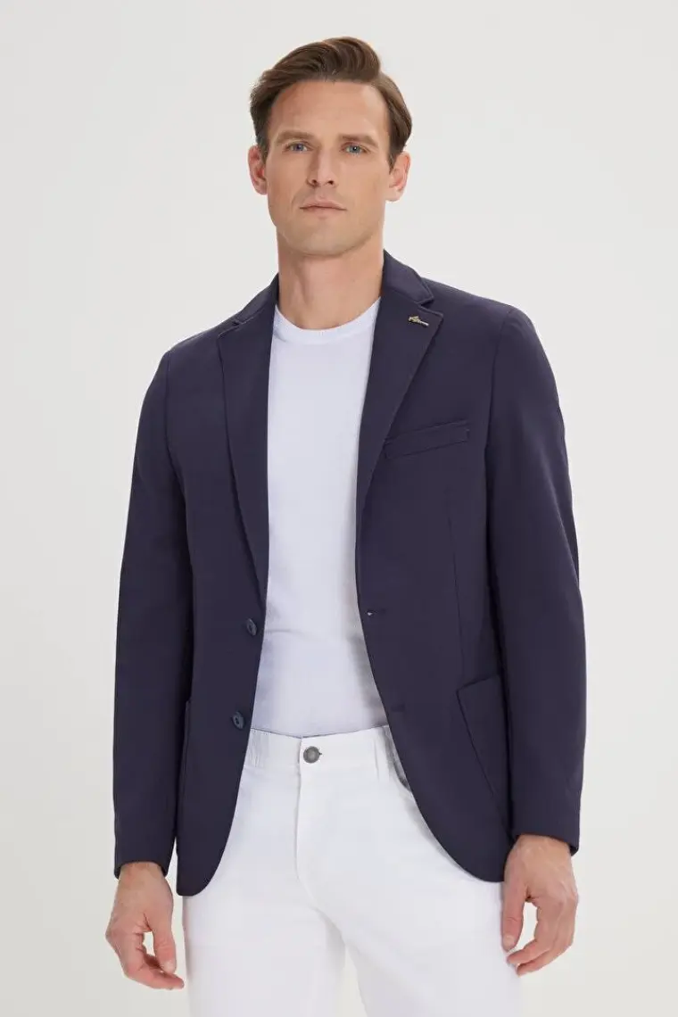 ALTINYILDIZ CLASSICS Erkek Lacivert Slim Fit Dar Kesim Mono Yaka Casual Blazer Ceket
