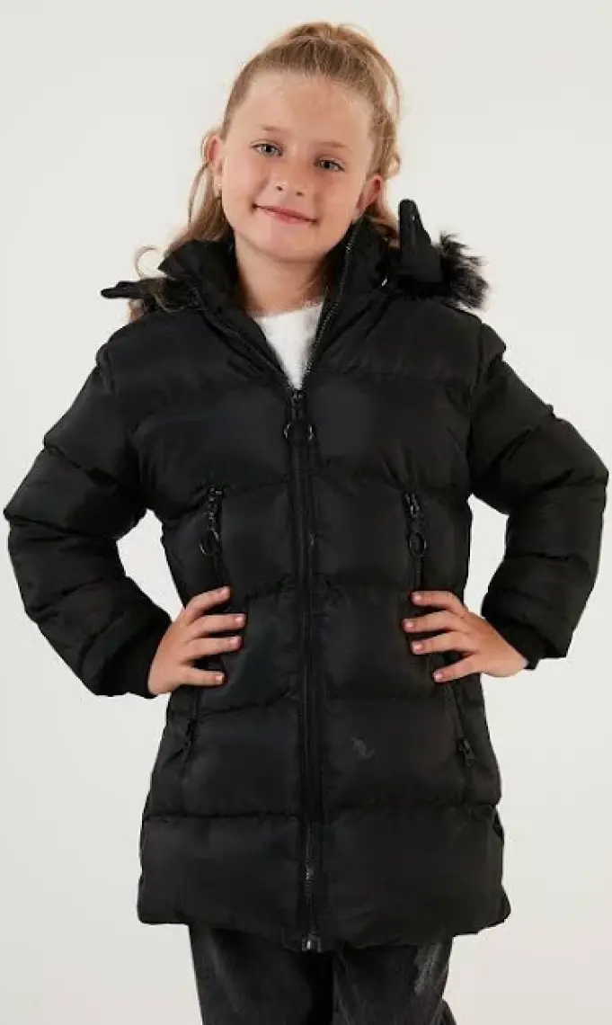 Lela Tüylü Kapüşonlu Cepli Şişme Mont Kız Çocuk Mont 5766038