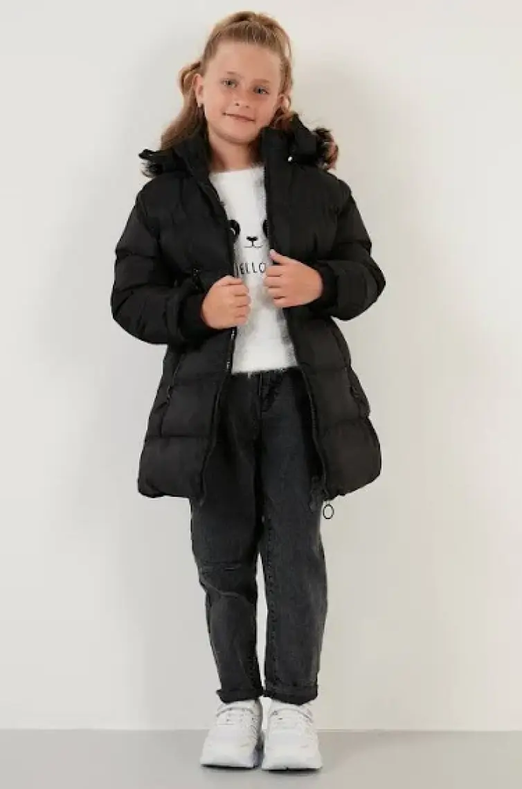 Lela Tüylü Kapüşonlu Cepli Şişme Mont Kız Çocuk Mont 5766038