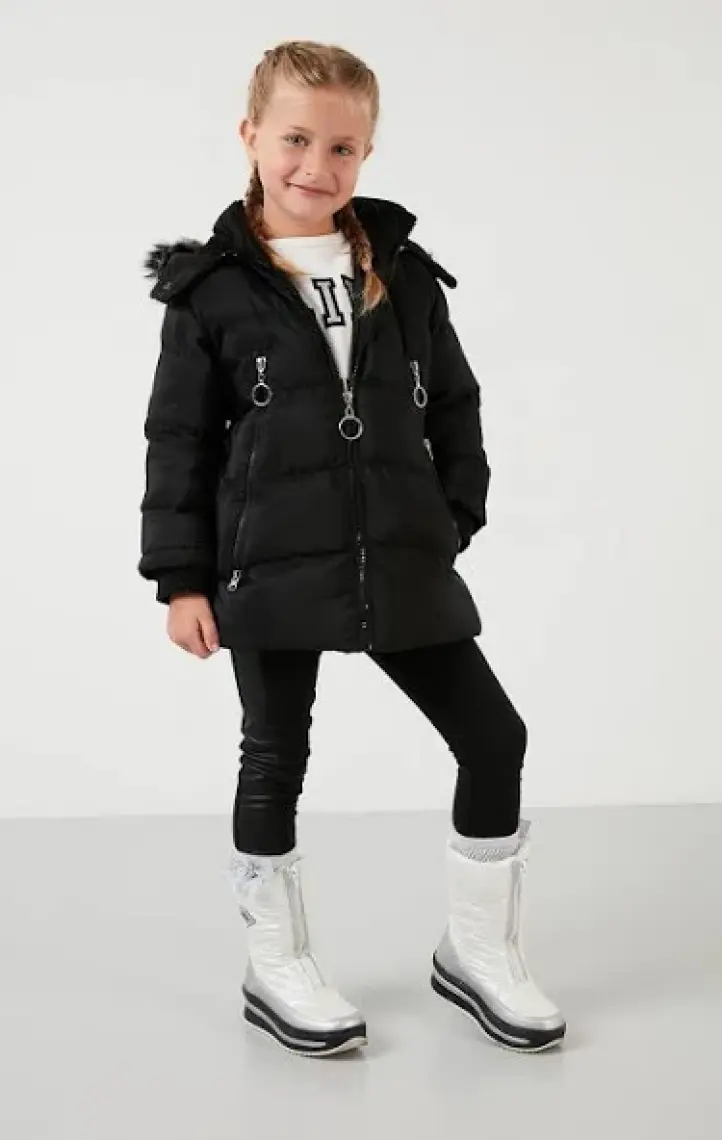 Lela Tüylü Kapüşonlu Cepli Şişme Mont Kız Çocuk Mont 5766038