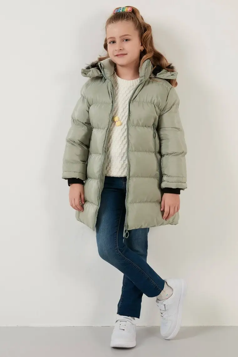 Lela Tüylü Kapüşonlu Cepli Şişme Mont Kız Çocuk Mont 5766038